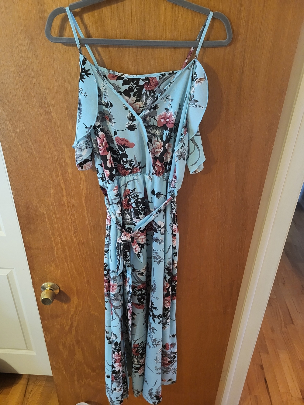 SHEIN Light Blue Floral Cold-Shoulder Maxi Dress with Belt